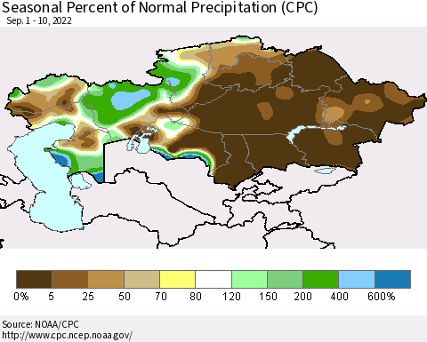 Kazakhstan Seasonal Percent of Normal Precipitation (CPC) Thematic Map For 9/1/2022 - 9/10/2022