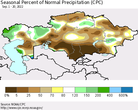 Kazakhstan Seasonal Percent of Normal Precipitation (CPC) Thematic Map For 9/1/2022 - 9/20/2022
