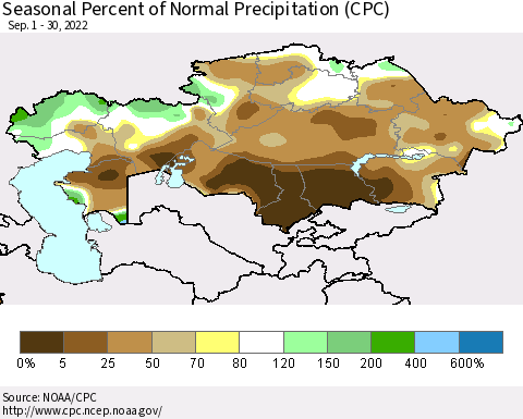 Kazakhstan Seasonal Percent of Normal Precipitation (CPC) Thematic Map For 9/1/2022 - 9/30/2022