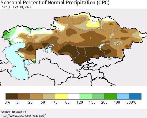 Kazakhstan Seasonal Percent of Normal Precipitation (CPC) Thematic Map For 9/1/2022 - 10/10/2022