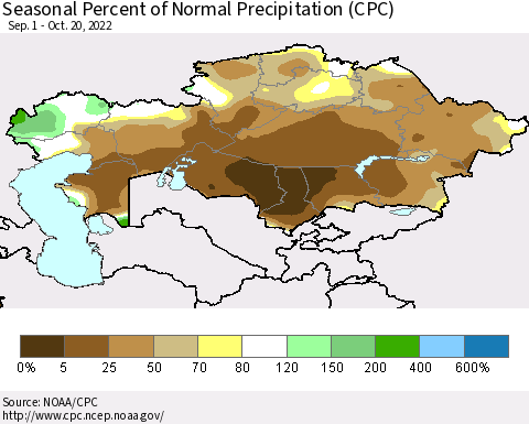 Kazakhstan Seasonal Percent of Normal Precipitation (CPC) Thematic Map For 9/1/2022 - 10/20/2022