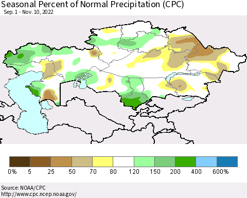 Kazakhstan Seasonal Percent of Normal Precipitation (CPC) Thematic Map For 9/1/2022 - 11/10/2022