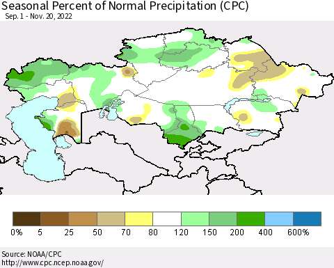 Kazakhstan Seasonal Percent of Normal Precipitation (CPC) Thematic Map For 9/1/2022 - 11/20/2022