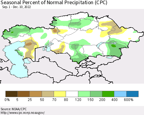 Kazakhstan Seasonal Percent of Normal Precipitation (CPC) Thematic Map For 9/1/2022 - 12/10/2022