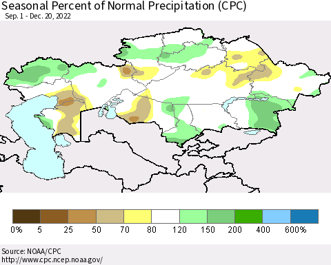 Kazakhstan Seasonal Percent of Normal Precipitation (CPC) Thematic Map For 9/1/2022 - 12/20/2022