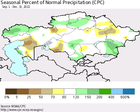 Kazakhstan Seasonal Percent of Normal Precipitation (CPC) Thematic Map For 9/1/2022 - 12/31/2022