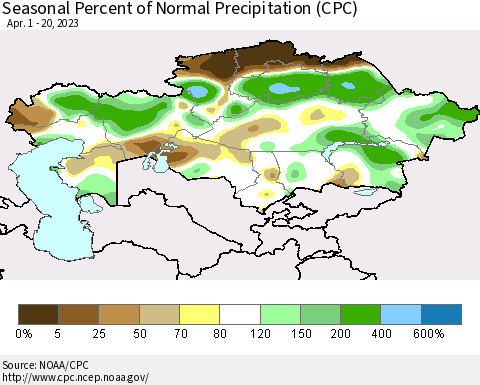 Kazakhstan Seasonal Percent of Normal Precipitation (CPC) Thematic Map For 4/1/2023 - 4/20/2023