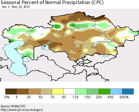 Kazakhstan Seasonal Percent of Normal Precipitation (CPC) Thematic Map For 4/1/2023 - 5/10/2023