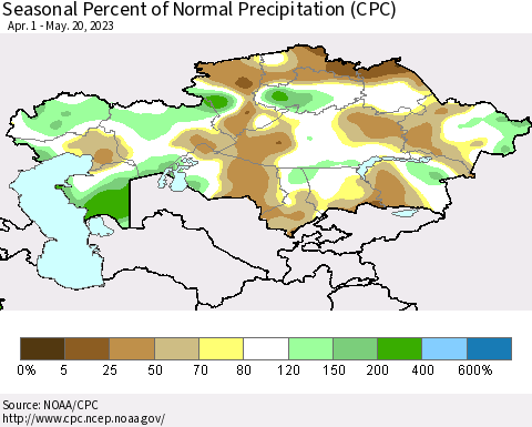 Kazakhstan Seasonal Percent of Normal Precipitation (CPC) Thematic Map For 4/1/2023 - 5/20/2023