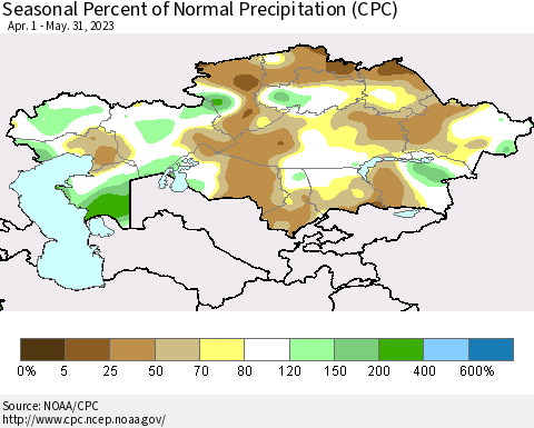 Kazakhstan Seasonal Percent of Normal Precipitation (CPC) Thematic Map For 4/1/2023 - 5/31/2023