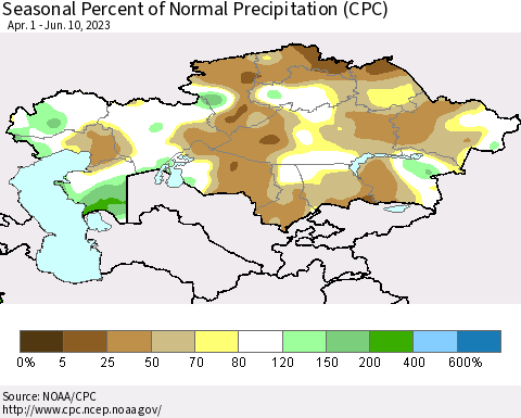 Kazakhstan Seasonal Percent of Normal Precipitation (CPC) Thematic Map For 4/1/2023 - 6/10/2023