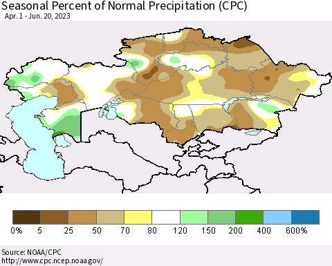 Kazakhstan Seasonal Percent of Normal Precipitation (CPC) Thematic Map For 4/1/2023 - 6/20/2023