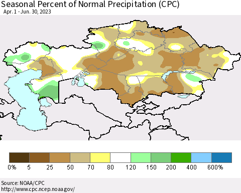 Kazakhstan Seasonal Percent of Normal Precipitation (CPC) Thematic Map For 4/1/2023 - 6/30/2023
