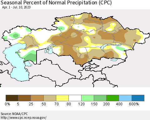 Kazakhstan Seasonal Percent of Normal Precipitation (CPC) Thematic Map For 4/1/2023 - 7/10/2023