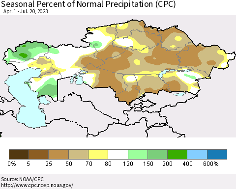 Kazakhstan Seasonal Percent of Normal Precipitation (CPC) Thematic Map For 4/1/2023 - 7/20/2023