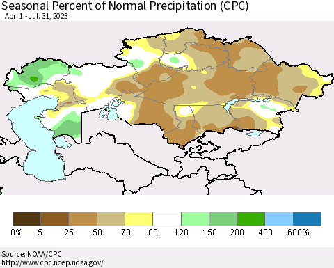 Kazakhstan Seasonal Percent of Normal Precipitation (CPC) Thematic Map For 4/1/2023 - 7/31/2023