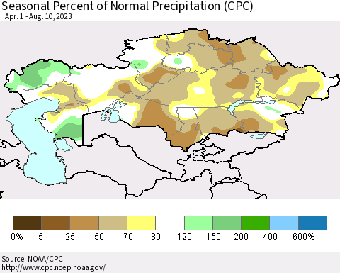 Kazakhstan Seasonal Percent of Normal Precipitation (CPC) Thematic Map For 4/1/2023 - 8/10/2023