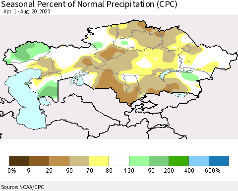 Kazakhstan Seasonal Percent of Normal Precipitation (CPC) Thematic Map For 4/1/2023 - 8/20/2023