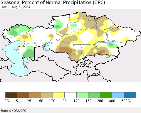 Kazakhstan Seasonal Percent of Normal Precipitation (CPC) Thematic Map For 4/1/2023 - 8/31/2023