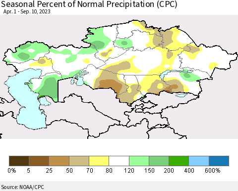Kazakhstan Seasonal Percent of Normal Precipitation (CPC) Thematic Map For 4/1/2023 - 9/10/2023