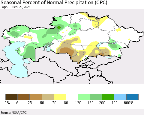 Kazakhstan Seasonal Percent of Normal Precipitation (CPC) Thematic Map For 4/1/2023 - 9/20/2023