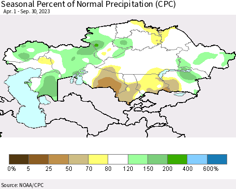 Kazakhstan Seasonal Percent of Normal Precipitation (CPC) Thematic Map For 4/1/2023 - 9/30/2023