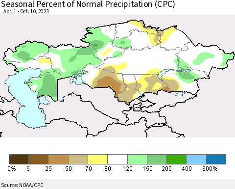 Kazakhstan Seasonal Percent of Normal Precipitation (CPC) Thematic Map For 4/1/2023 - 10/10/2023