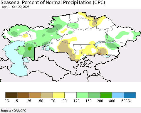 Kazakhstan Seasonal Percent of Normal Precipitation (CPC) Thematic Map For 4/1/2023 - 10/20/2023