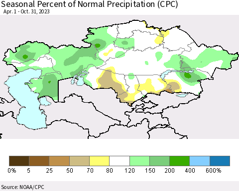 Kazakhstan Seasonal Percent of Normal Precipitation (CPC) Thematic Map For 4/1/2023 - 10/31/2023