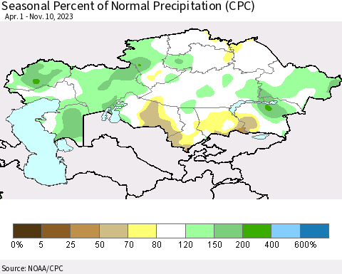 Kazakhstan Seasonal Percent of Normal Precipitation (CPC) Thematic Map For 4/1/2023 - 11/10/2023