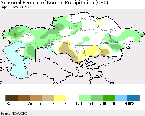 Kazakhstan Seasonal Percent of Normal Precipitation (CPC) Thematic Map For 4/1/2023 - 11/20/2023