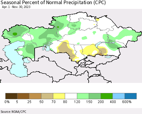 Kazakhstan Seasonal Percent of Normal Precipitation (CPC) Thematic Map For 4/1/2023 - 11/30/2023