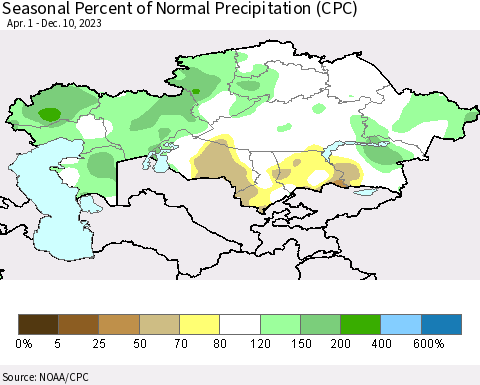 Kazakhstan Seasonal Percent of Normal Precipitation (CPC) Thematic Map For 4/1/2023 - 12/10/2023