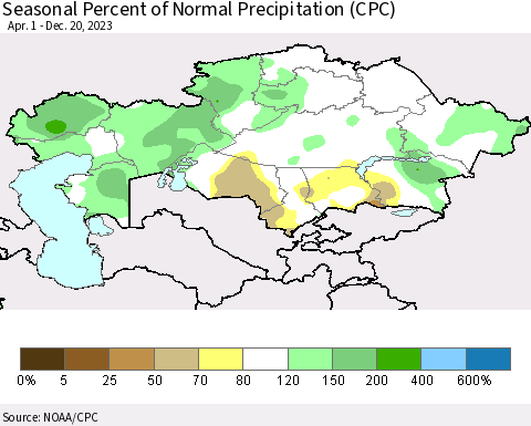 Kazakhstan Seasonal Percent of Normal Precipitation (CPC) Thematic Map For 4/1/2023 - 12/20/2023