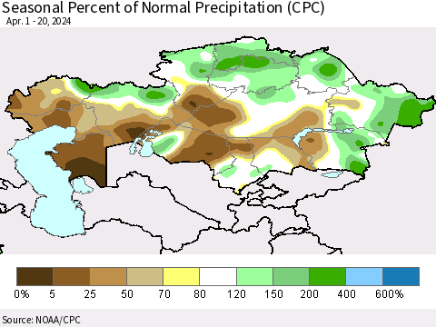 Kazakhstan Seasonal Percent of Normal Precipitation (CPC) Thematic Map For 4/1/2024 - 4/20/2024
