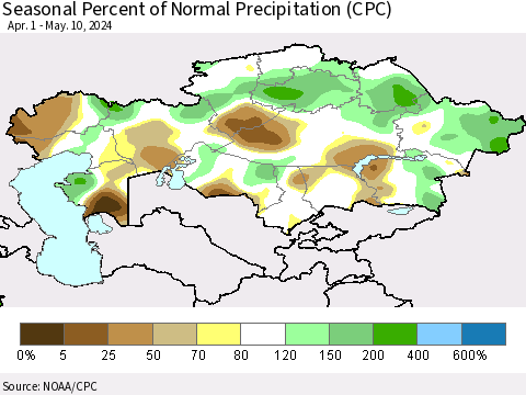 Kazakhstan Seasonal Percent of Normal Precipitation (CPC) Thematic Map For 4/1/2024 - 5/10/2024