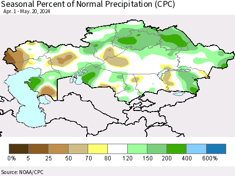 Kazakhstan Seasonal Percent of Normal Precipitation (CPC) Thematic Map For 4/1/2024 - 5/20/2024
