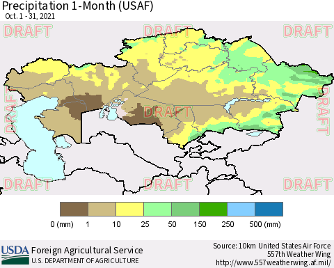 Kazakhstan Precipitation 1-Month (USAF) Thematic Map For 10/1/2021 - 10/31/2021