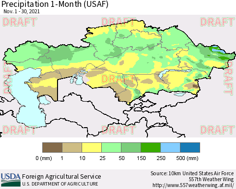 Kazakhstan Precipitation 1-Month (USAF) Thematic Map For 11/1/2021 - 11/30/2021