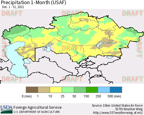 Kazakhstan Precipitation 1-Month (USAF) Thematic Map For 12/1/2021 - 12/31/2021