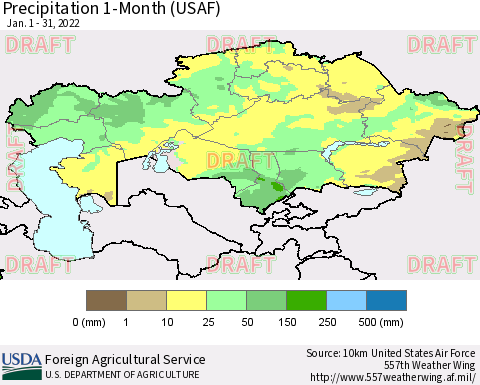 Kazakhstan Precipitation 1-Month (USAF) Thematic Map For 1/1/2022 - 1/31/2022