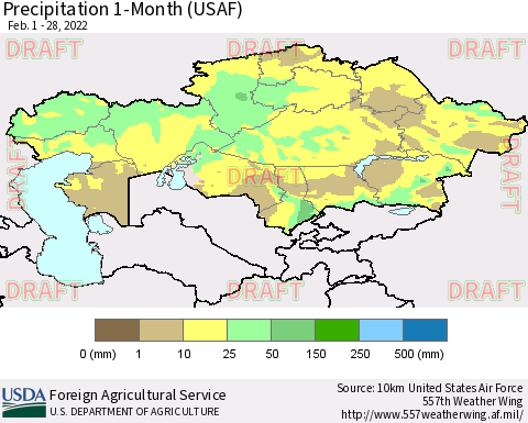 Kazakhstan Precipitation 1-Month (USAF) Thematic Map For 2/1/2022 - 2/28/2022