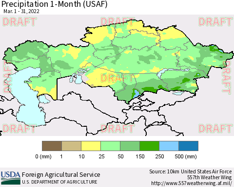 Kazakhstan Precipitation 1-Month (USAF) Thematic Map For 3/1/2022 - 3/31/2022