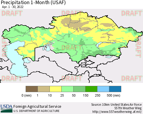 Kazakhstan Precipitation 1-Month (USAF) Thematic Map For 4/1/2022 - 4/30/2022