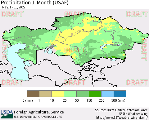 Kazakhstan Precipitation 1-Month (USAF) Thematic Map For 5/1/2022 - 5/31/2022