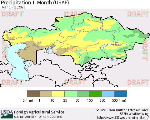 Kazakhstan Precipitation 1-Month (USAF) Thematic Map For 3/1/2023 - 3/31/2023