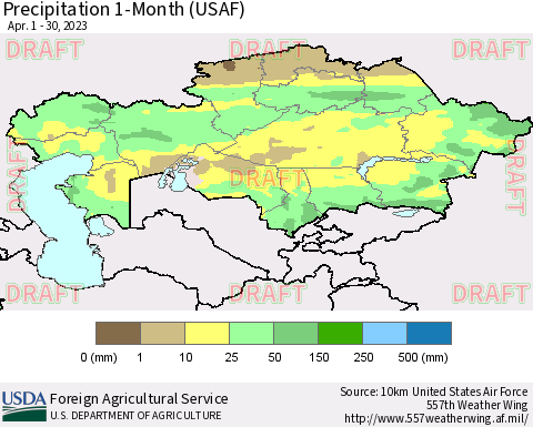 Kazakhstan Precipitation 1-Month (USAF) Thematic Map For 4/1/2023 - 4/30/2023