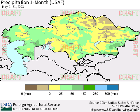 Kazakhstan Precipitation 1-Month (USAF) Thematic Map For 5/1/2023 - 5/31/2023