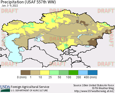 Kazakhstan Precipitation (USAF 557th WW) Thematic Map For 1/3/2022 - 1/9/2022