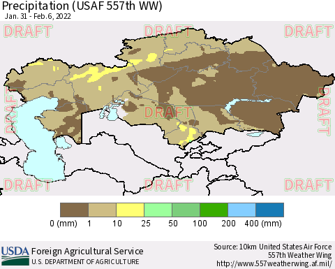 Kazakhstan Precipitation (USAF 557th WW) Thematic Map For 1/31/2022 - 2/6/2022